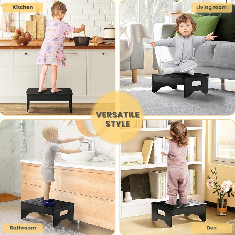 Hellojin Wooden Step Stool for Adults & Kids, Non-Slip Rubber Feet, 6.5 Inch High, Lightweight Small Step, 400 Lbs Capacity, Bed Step Stool for High Bed, Bathroom & Kitchen (Black) - Image 2